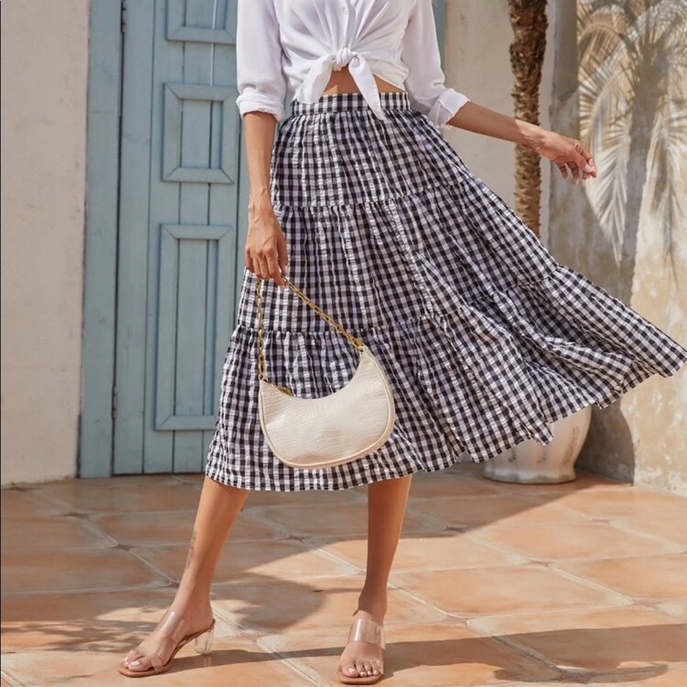 Gingham ruffle midi skirt